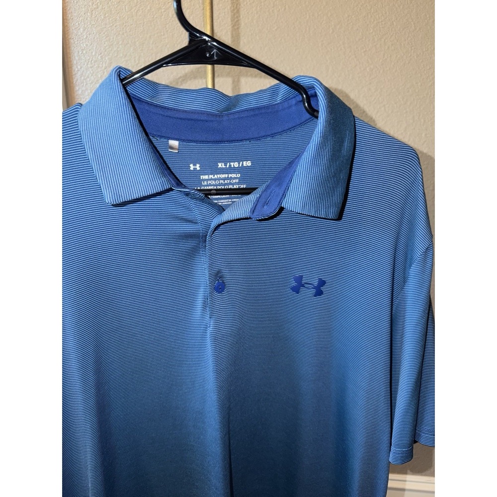 Under Armour Men's The Playoff Polo Shirt Blue Striped, Short Sleeve, Size XL